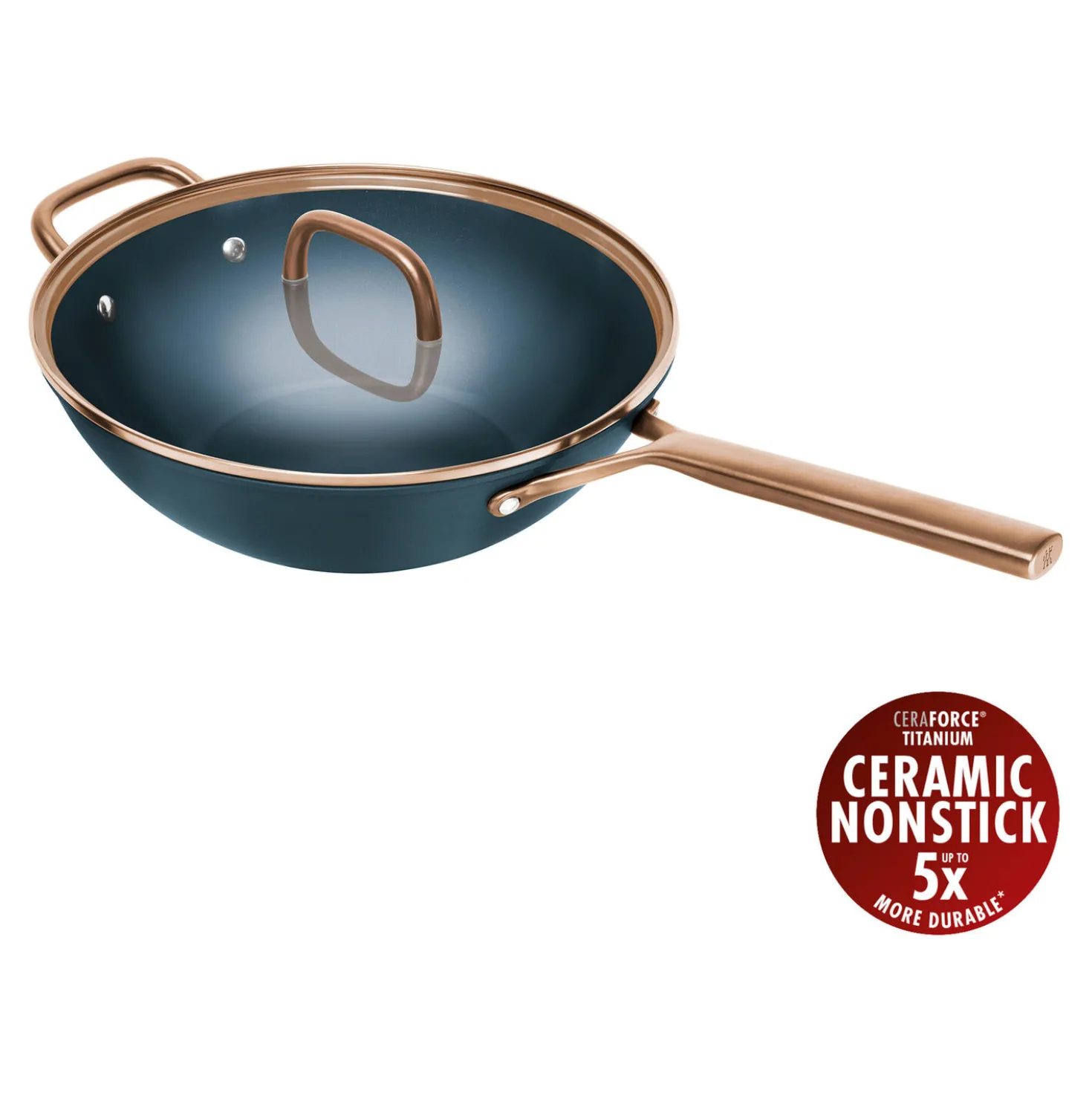30 cm, Wok avec couvercle en verre, Bleu