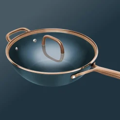 30 cm, Wok avec couvercle en verre, Bleu
