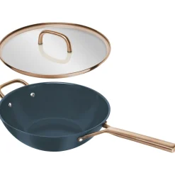 30 cm, Wok avec couvercle en verre, Bleu