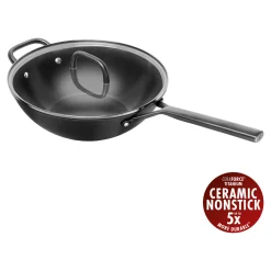 30 cm, Wok avec couvercle en verre, Noir mat