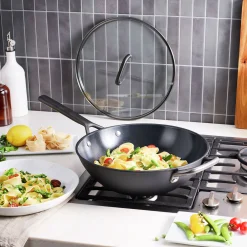 30 cm, Wok avec couvercle en verre, Noir mat
