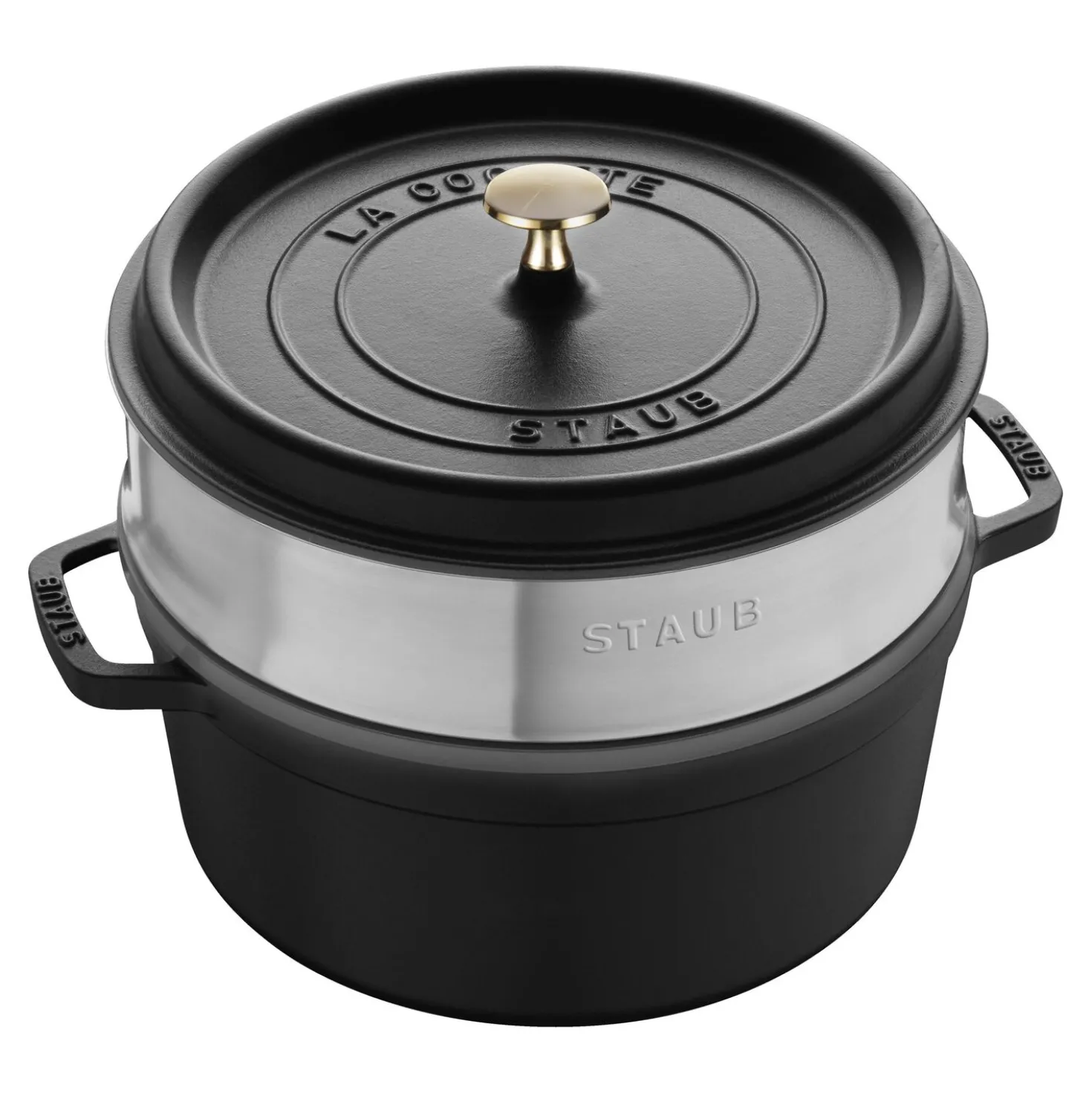 Cocotte avec panier vapeur 26 cm, Rond(e), Noir mat, Fonte