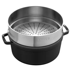 Cocotte avec panier vapeur 26 cm, Rond(e), Noir mat, Fonte
