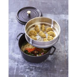 Cocotte avec panier vapeur 26 cm, Rond(e), Noir mat, Fonte