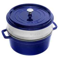 Cocotte avec panier vapeur 26 cm, Rond(e), Bleu intense, Fonte