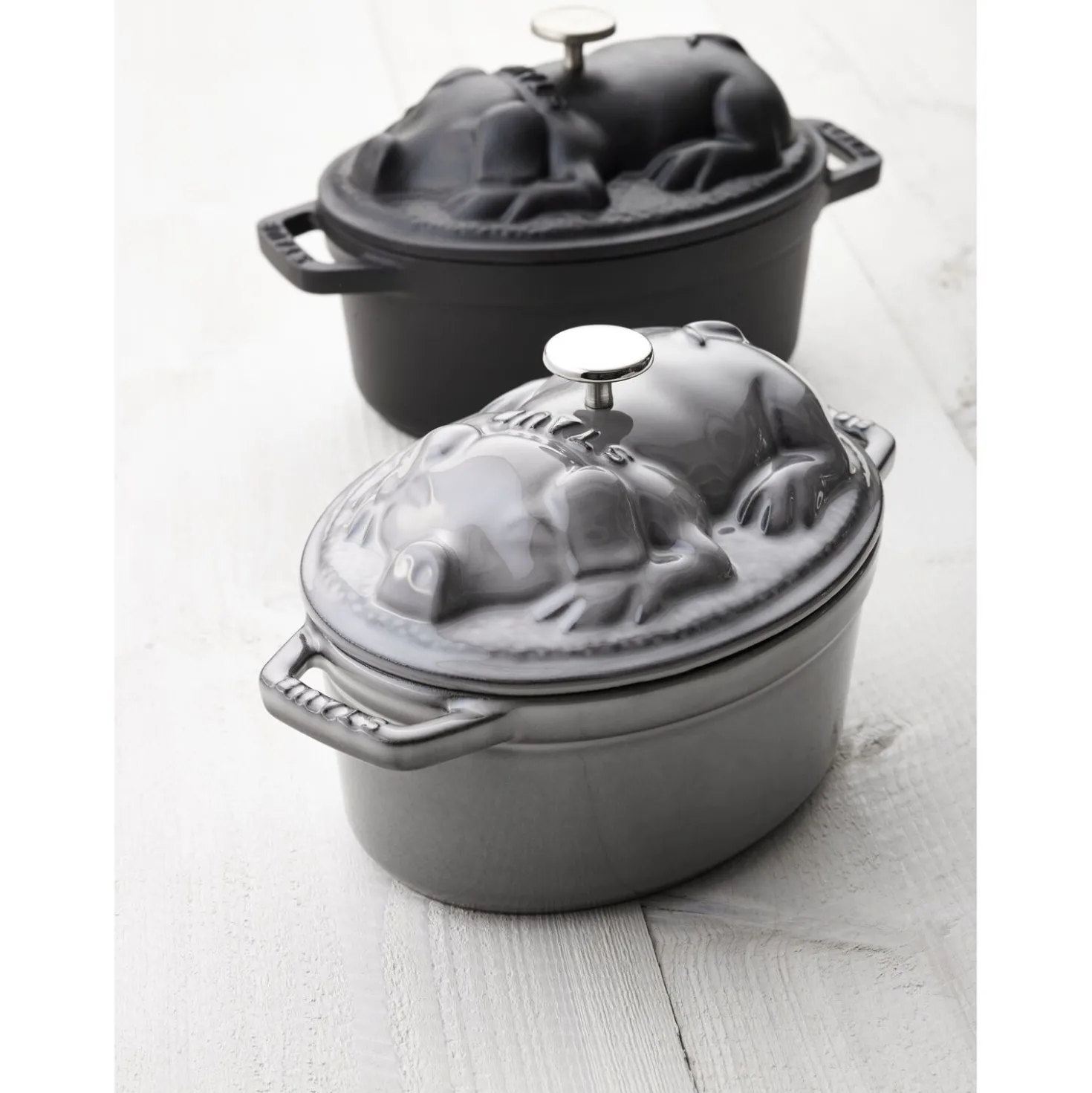 Cocotte couvercle de cochon 17 cm, Ovale, Gris graphite, Fonte