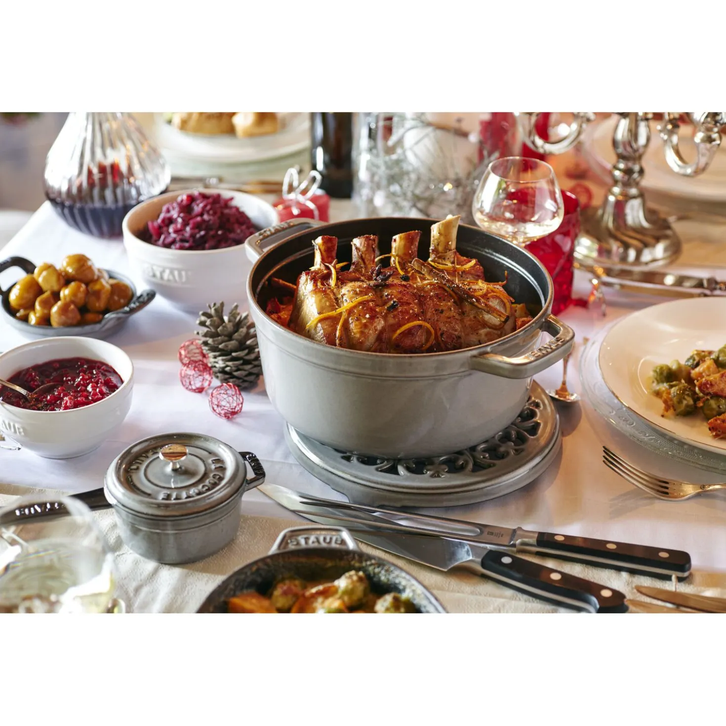 Cocotte et Swarovski bouton, 2-pcs. /28 cm, gris graphite / argent, Fonte / Acier Inoxydable