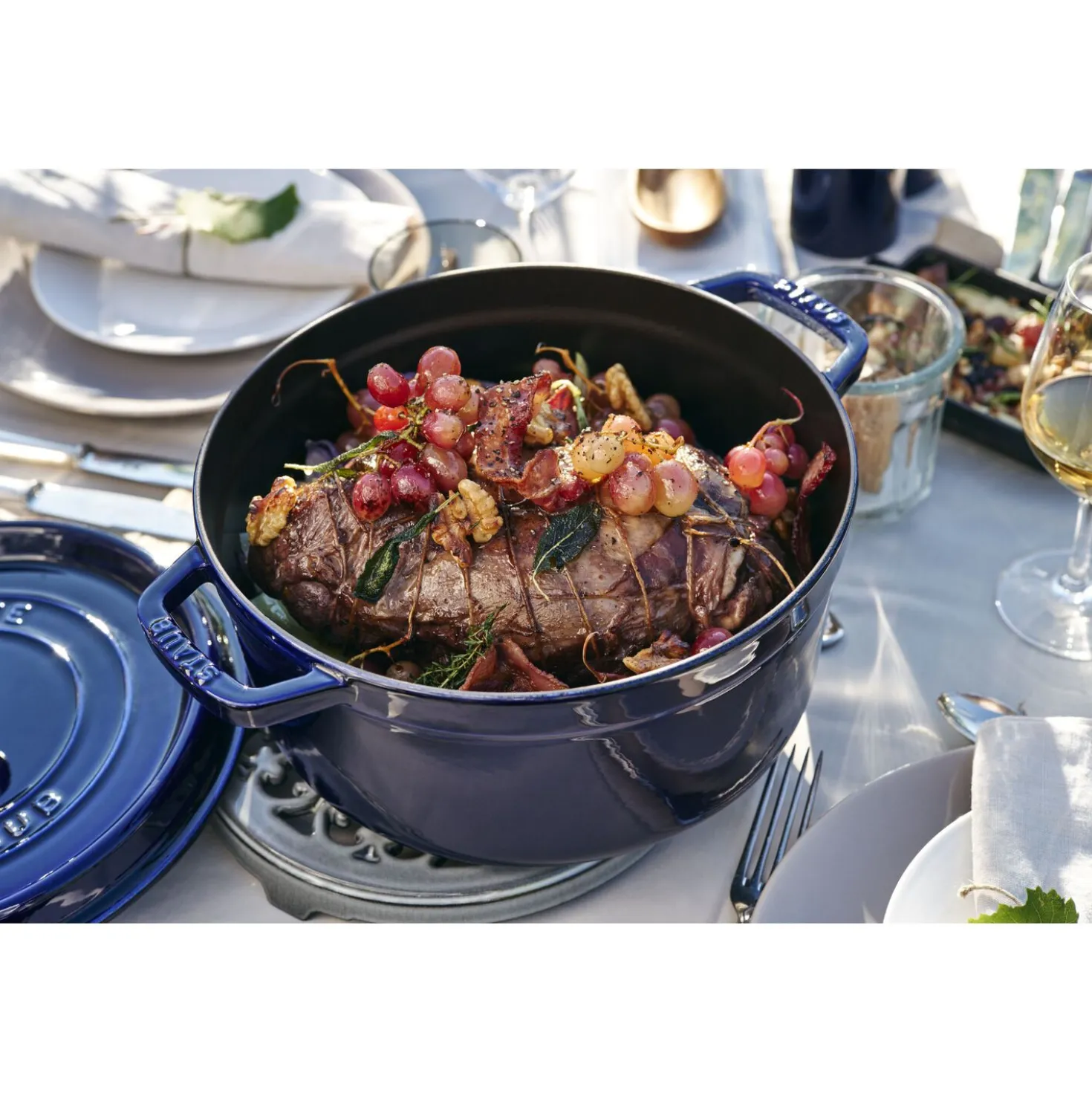 Cocotte et Swarovski bouton, 2-pcs. /28 cm, bleu intense / argent, Fonte / Acier Inoxydable