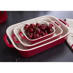 Ensemble de plats à four avecgants de cuisine, 5-pcs. /S/M/L, cerise, Céramique / Coton