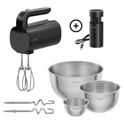 Kit de démarrage pour batteur électrique sans fil avec batterie et set de bols, 7-pcs, noir