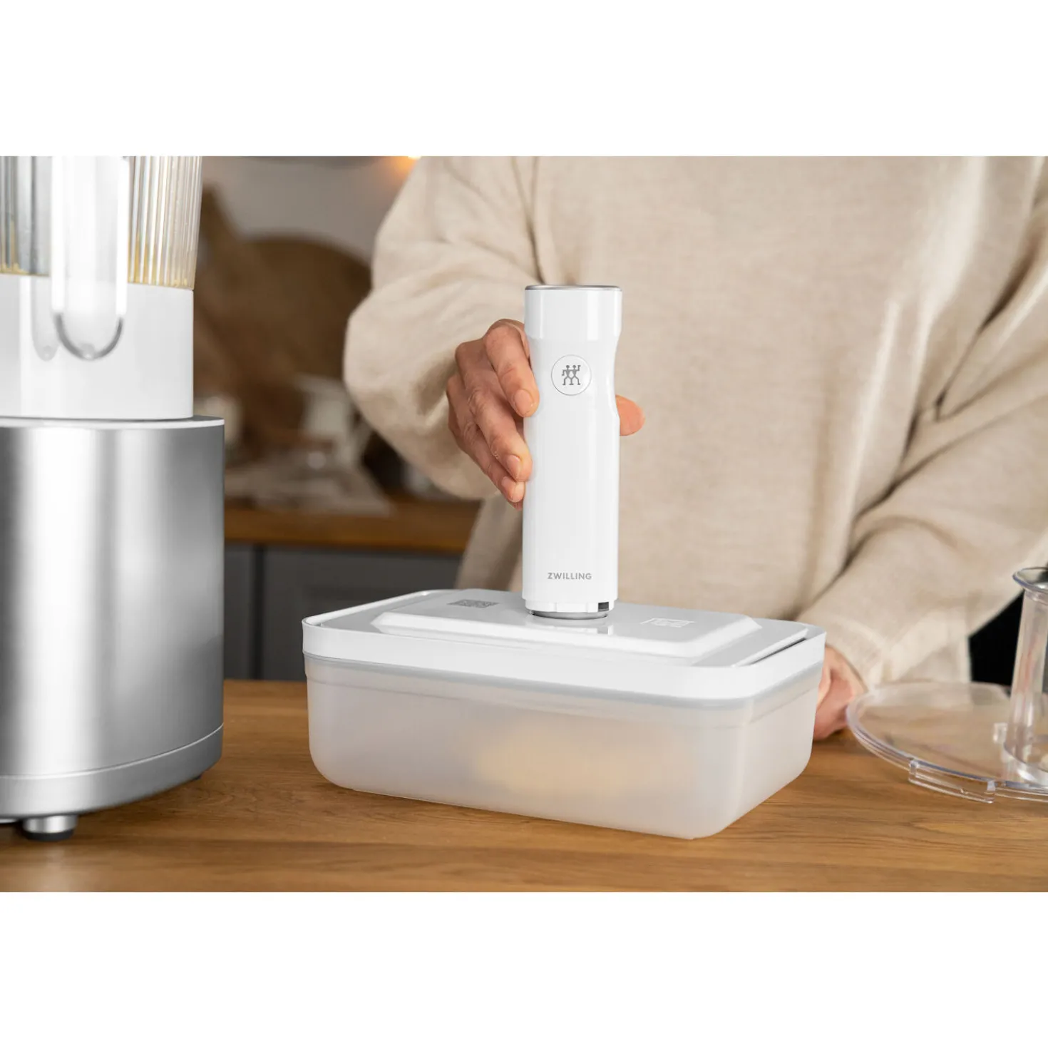 Set boîtes sous-vide & pompe, 7-pcs. /L flat, semi transparent-gris / blanc, Plastique