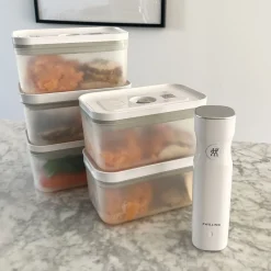 Set boîtes sous-vide & pompe, 6-pcs. /M, semi transparent-gris / blanc, Plastique
