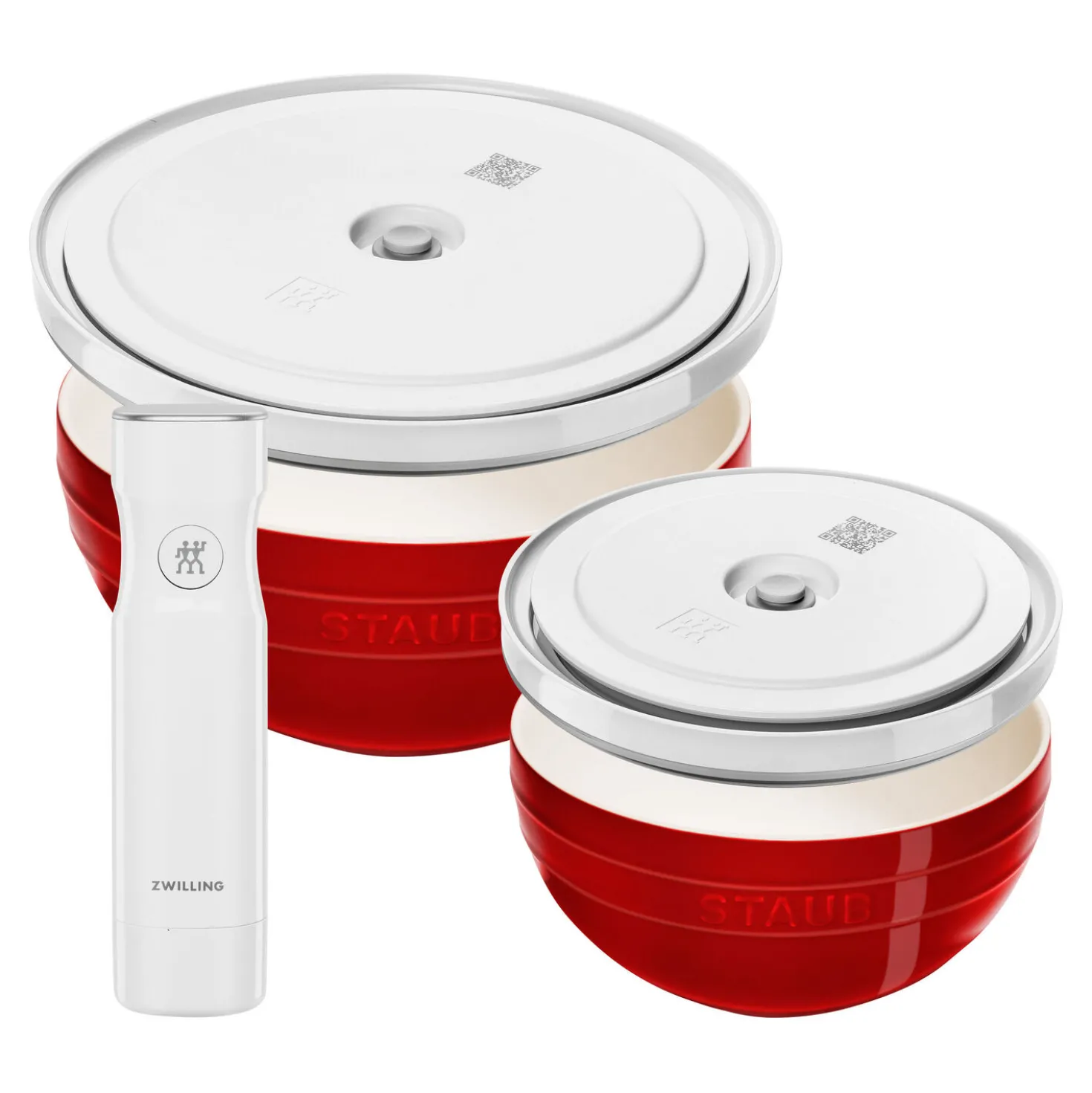 Set de bols avec pompe et couvercles sous vide, 5-pcs. /M/L/18/24cm, cerise, Céramique