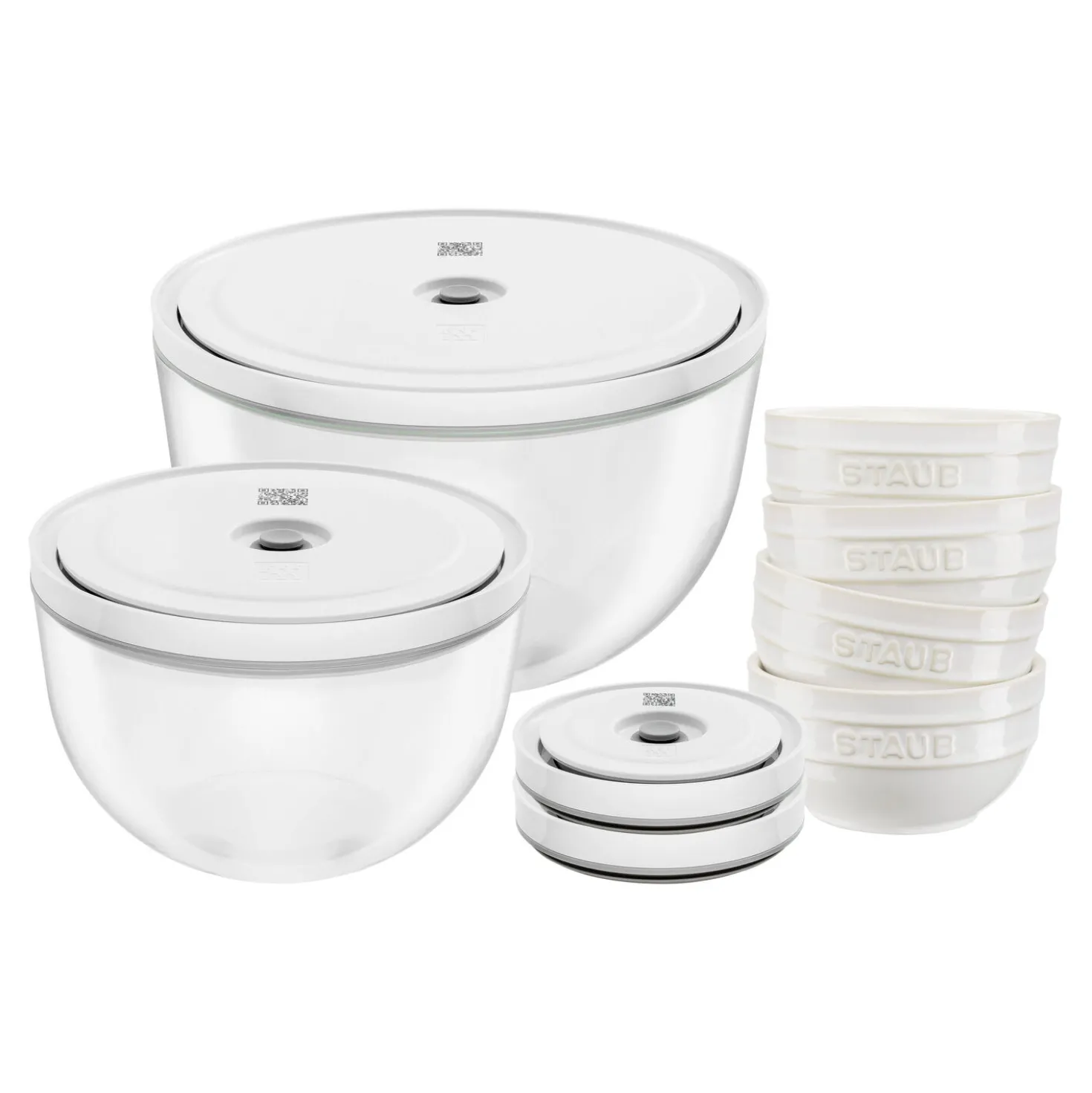 Set de bols sous vide & couvercle, 10-pcs. /S/M/L, blanc ivoire / transparent, Céramique