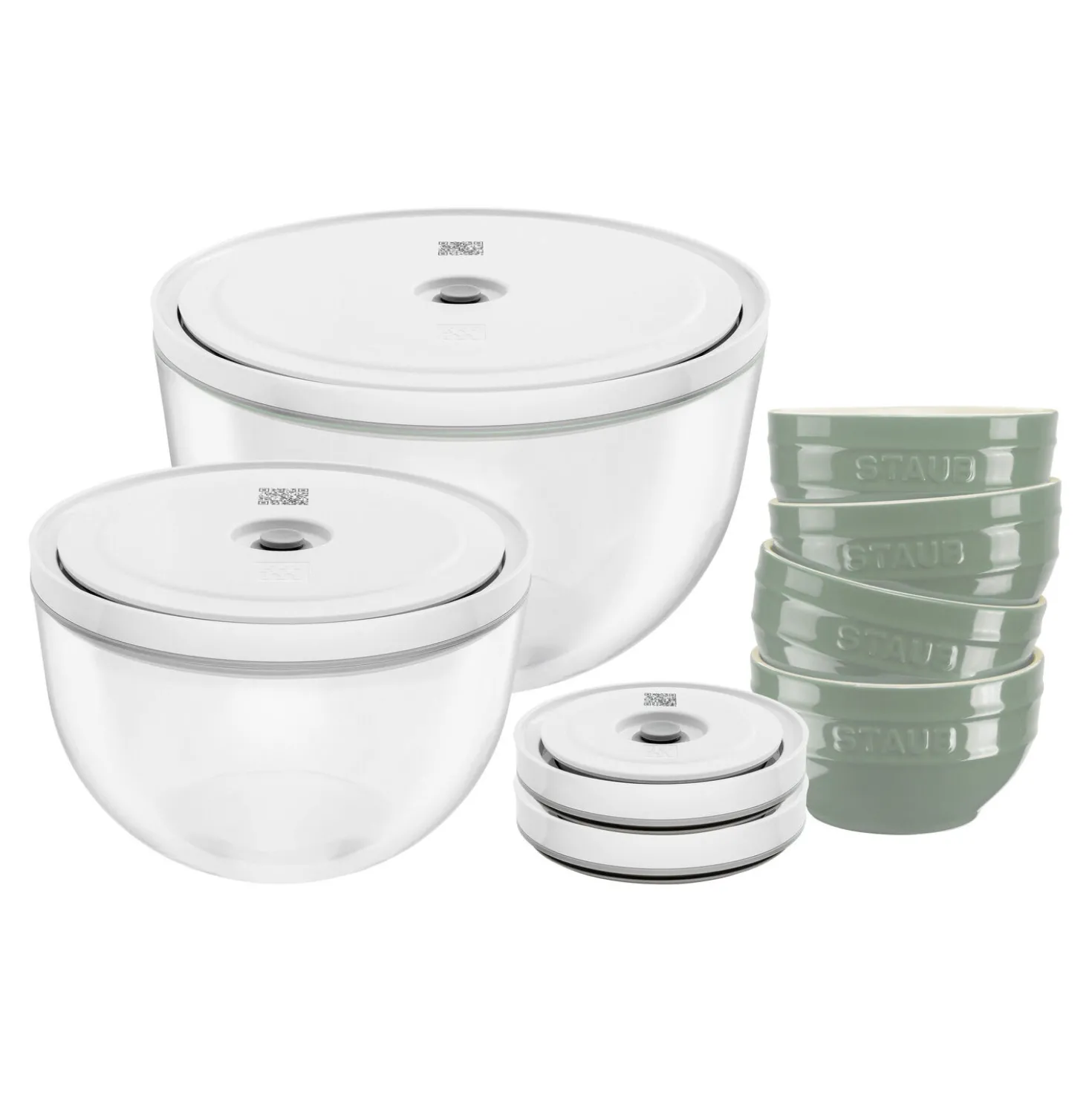 Set de bols sous vide avec couvercle, 10-pcs. /S/M/L, eucalyptus / transparent, Céramique