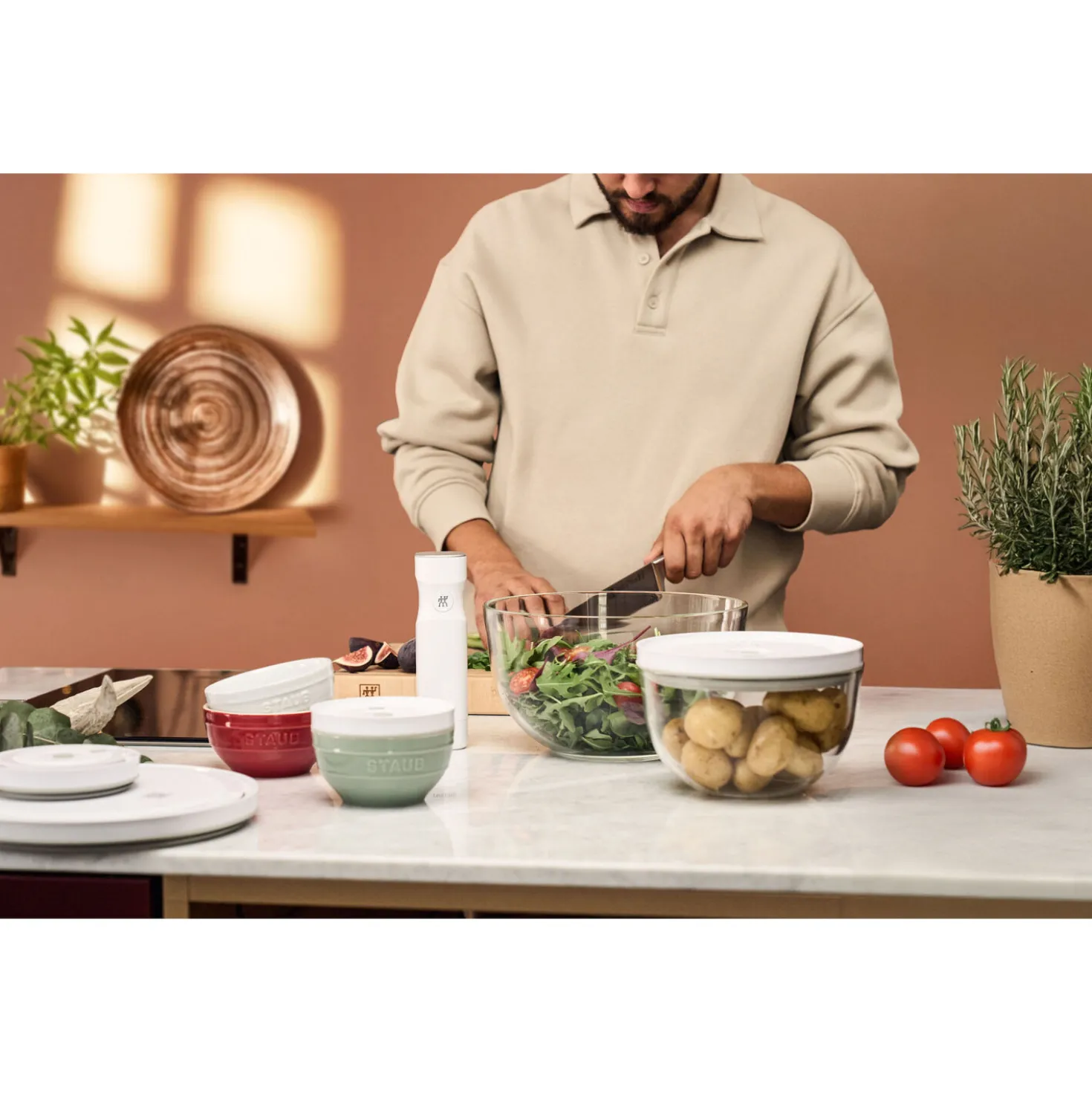 Set de bols sous vide avec couvercle, 10-pcs. /S/M/L, eucalyptus / transparent, Céramique