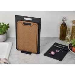 Set de planches à découper avec support, 4-pcs., marron / noir, Fibre de Bois